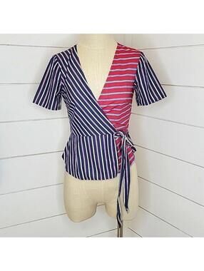 BCBGeneration xxs red blue white stripe wrap blouse